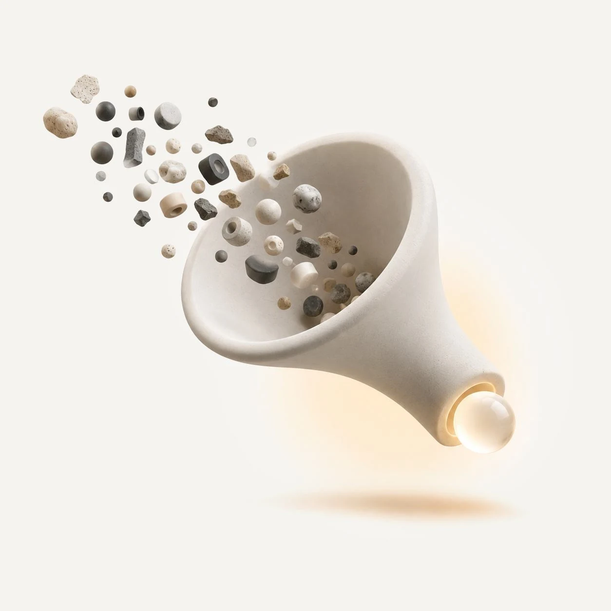 3D ceramic funnel pouring pebbles into a single stream, symbolising group activity managed in one view