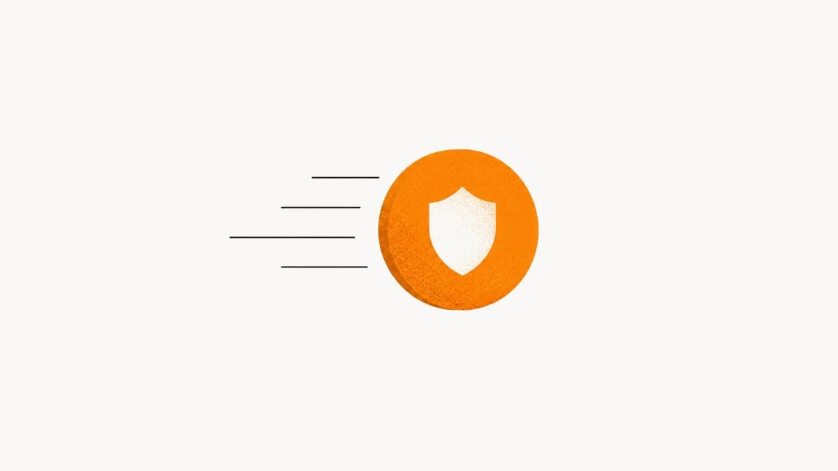 Orange coin with a shield mark and speed lines, symbolising protected payments moving fast