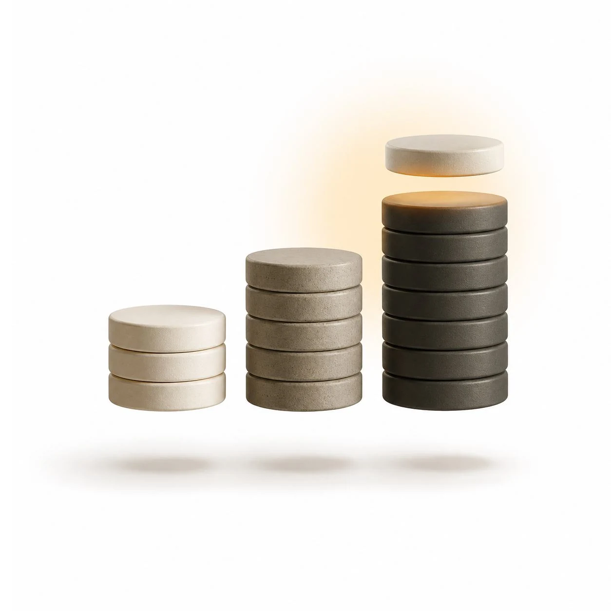 Three ascending stacks of coins, rendered in warm clay tones