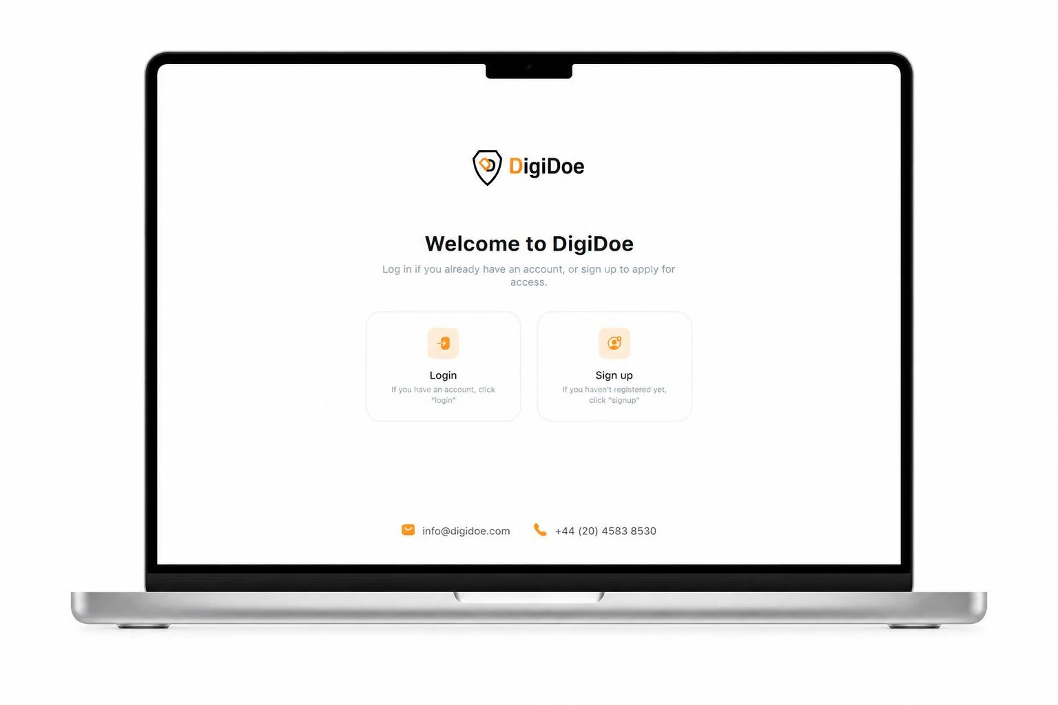 DigiDoe web platform welcome screen on a laptop