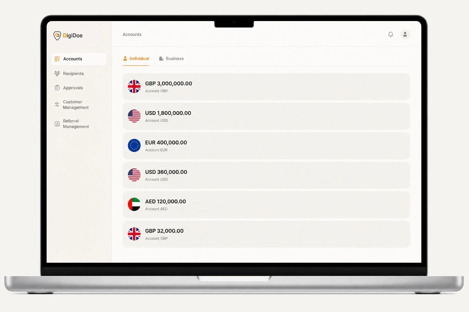 DigiDoe platform on a laptop, showing GBP, USD, EUR and AED balances in the Accounts view