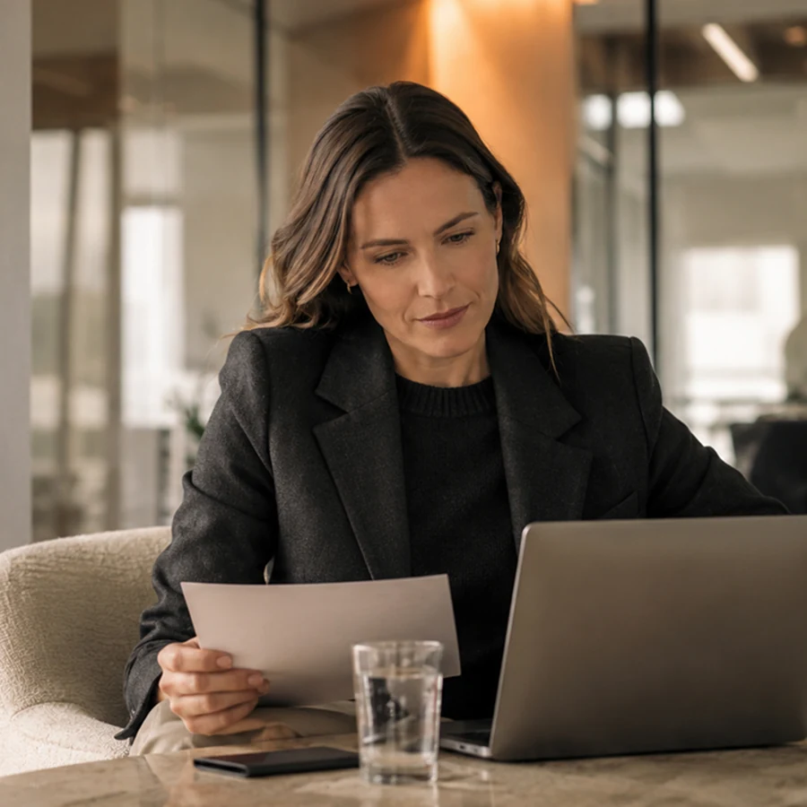 DigiDoe team member reviewing a client document at a laptop in a warm office