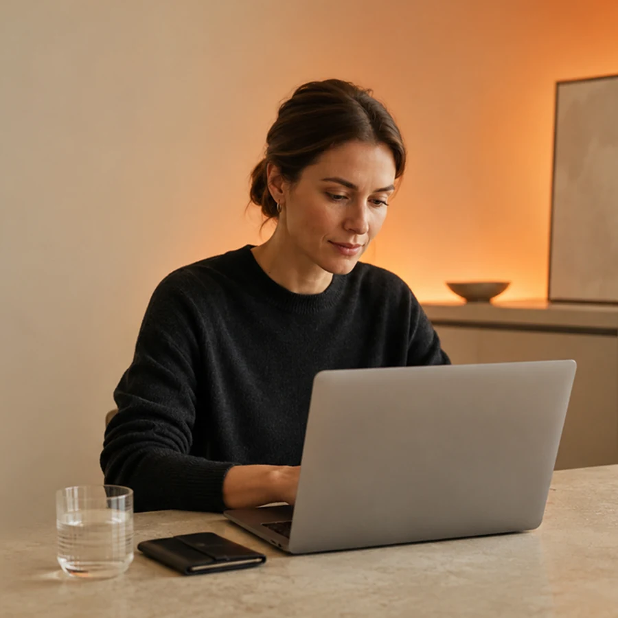 A DigiDoe account manager working at her laptop in a warm office
