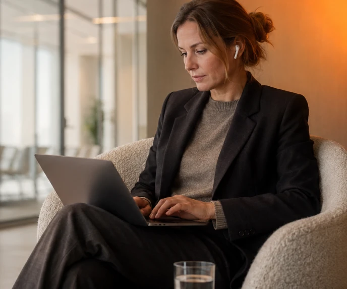 A client on a call in an armchair with a laptop