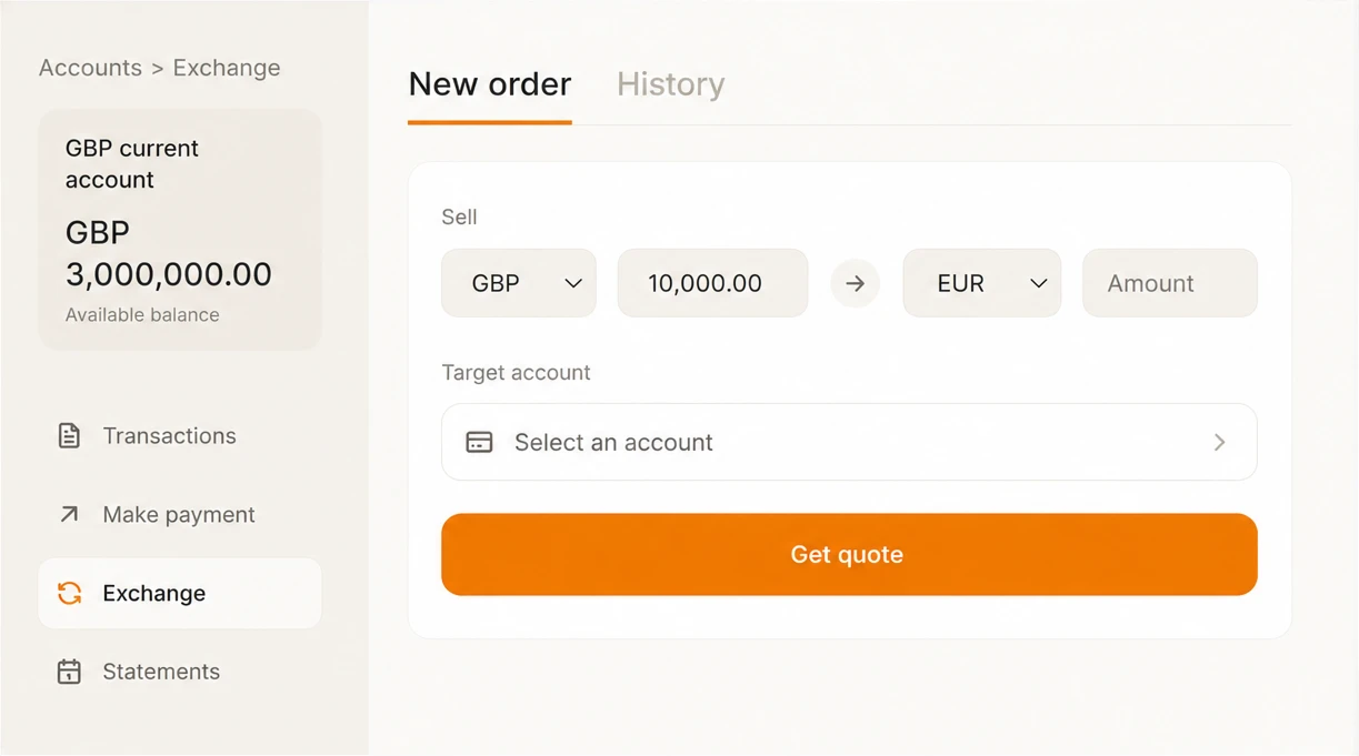DigiDoe exchange screen: sell GBP, buy EUR, rate shown before you convert