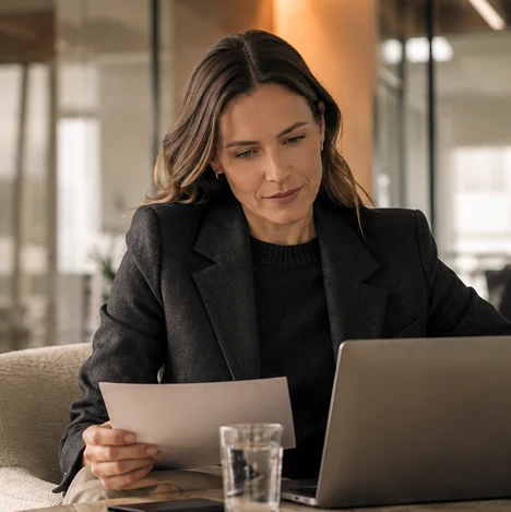 DigiDoe team member reviewing a client document at a laptop in a warm office
